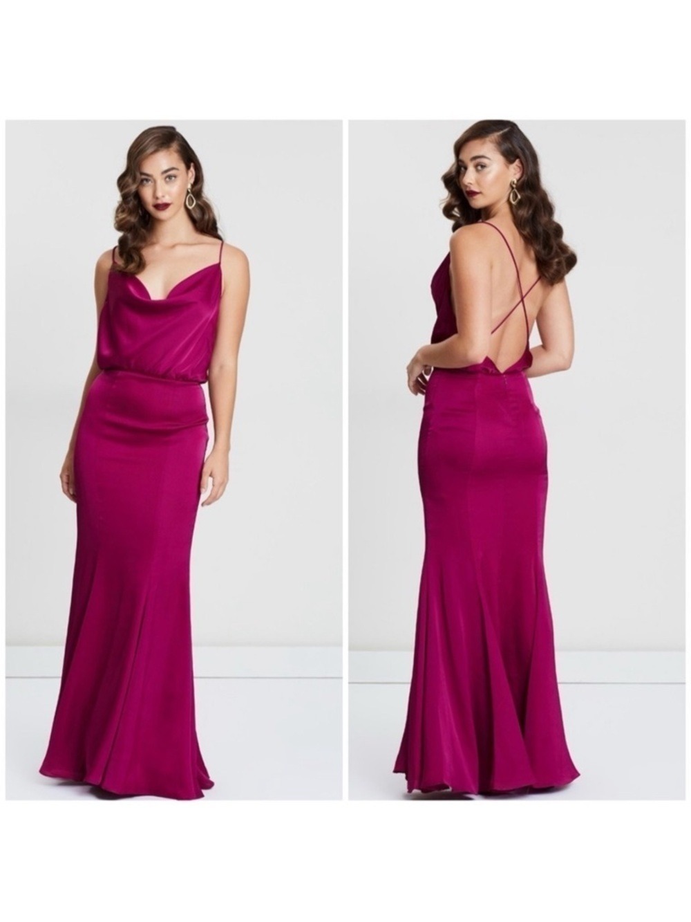 Fame And Partners Draped Neck Theodora Gown Open Back Maxi Dress in Berry